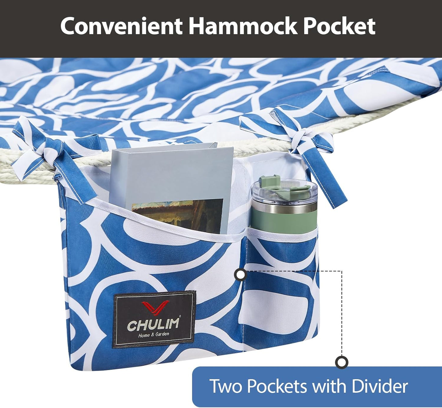 Outdoor Double Hammock with Hardwood Spreader Bars, Large Rope Hammock with Polyester Pad and Pillow, 475 LBS Capacity for 2 Person Patio Backyard Poolside - Blue Printing