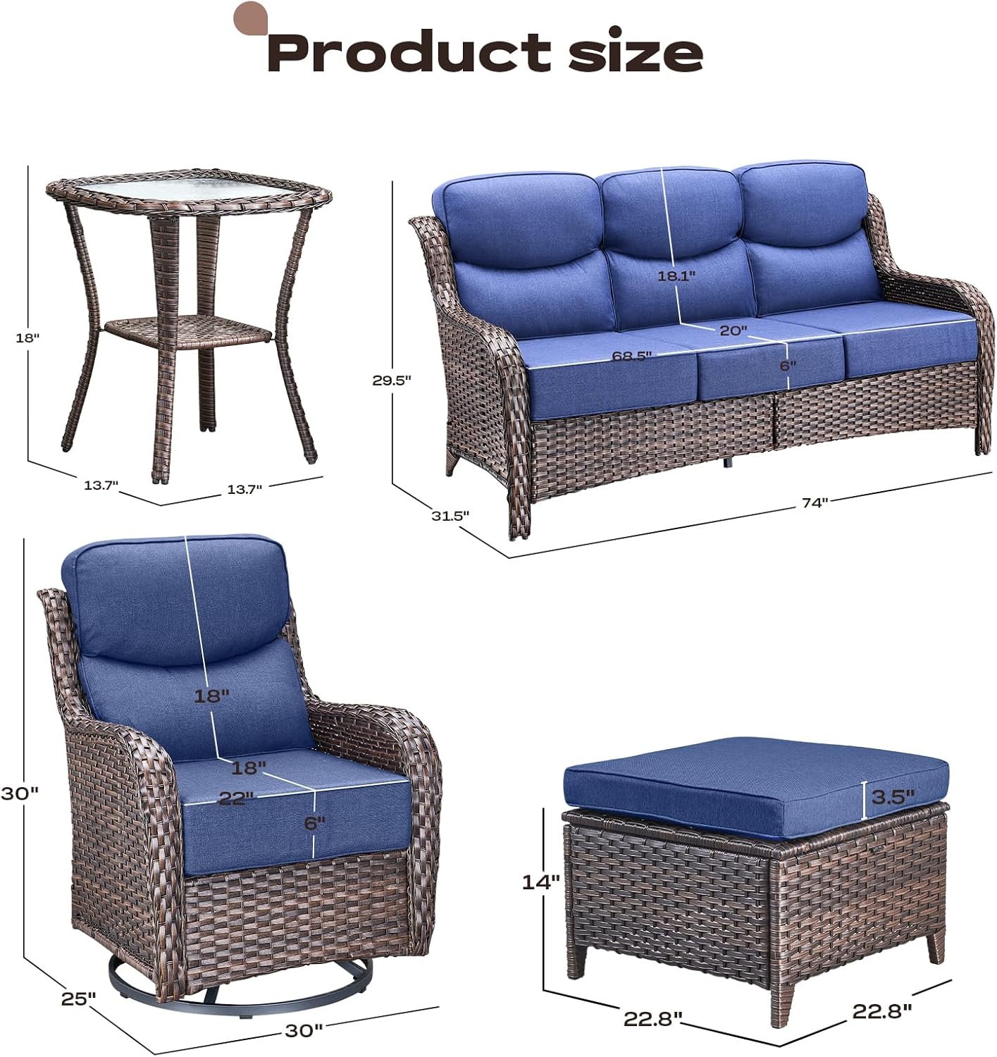 Wicker Outdoor Patio Furniture Set - 6 Piece Patio Conversation Sets with Swivel Rocker Chairs, Ottomans, Sofa and Side Table, 6 inch Cushions, Waterproof Wicker, for Porch Deck Brown/Blue