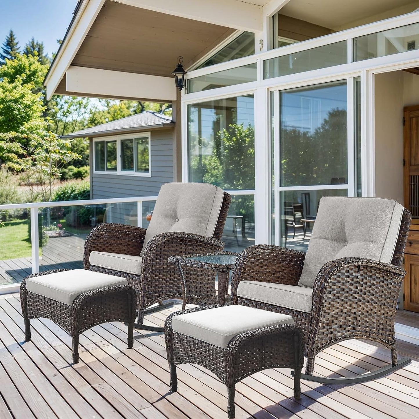 HUMMUH 5 Pieces Wicker Patio Furniture Set,Outdoor Rocker Chairs,Patio Ottomans,Glass Top Side Table,Outdoor Conversation Set for Porch Deck Backyard Poolside