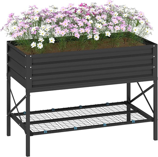 Outsunny Raised Garden Bed with Galvanized Steel Frame, Storage Shelf and Bed Liner, Elevated Planter Box with Legs for Vegetables, Flowers, Herbs, Dark Gray