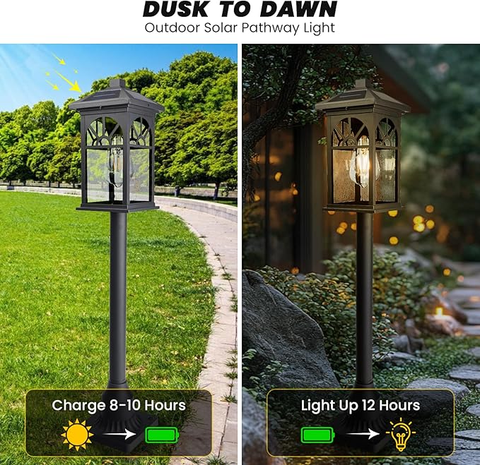 31" Solar Pathway Lights Outdoor, Black Aluminum Bollard Lighting with Remote Control - Dusk to Dawn LED Post Light, IP44 Waterproof for Lawn, Patio, Driveway & Backyard Decor (Bulb Included)