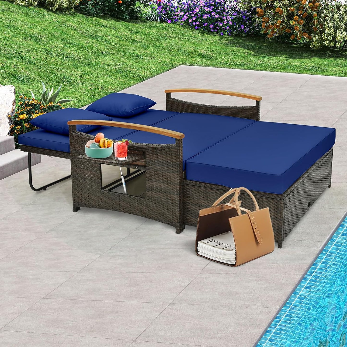 Tangkula Patio Rattan Daybed Set with Cushioned Loveseat and Storage Ottoman, Outdoor Double Chaise Lounger with 4-Level Adjustable Backrest and Retractable Side Trays for Backyard (Navy)