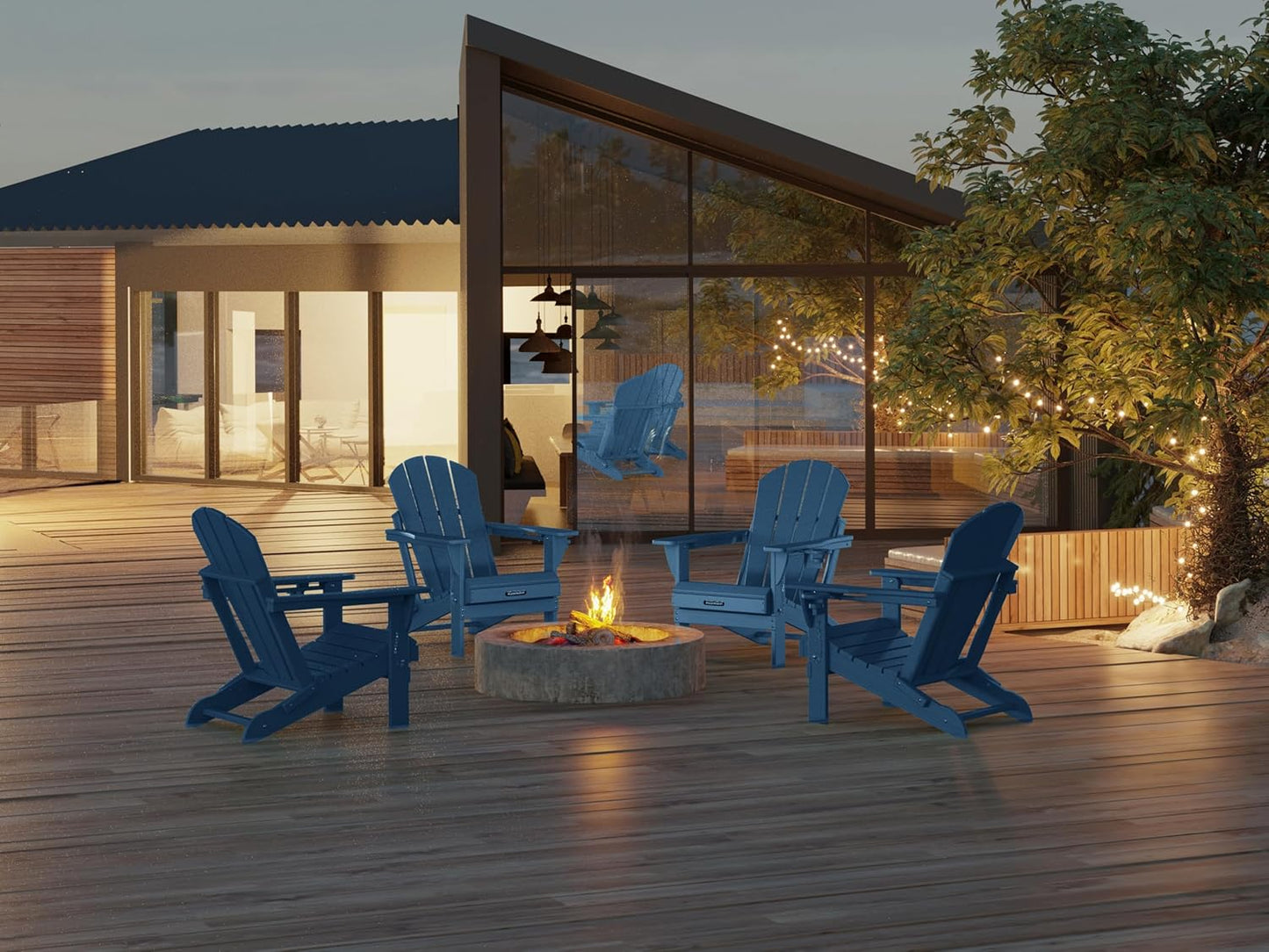 MUCHENGHY Folding Adirondack Chairs HDPE Weather Resistant 4 Pack, Patio Firepit Chairs, Sturdy Outside Chair, Lawn Chairs, 15min Assembly 380lb, Royal Blue