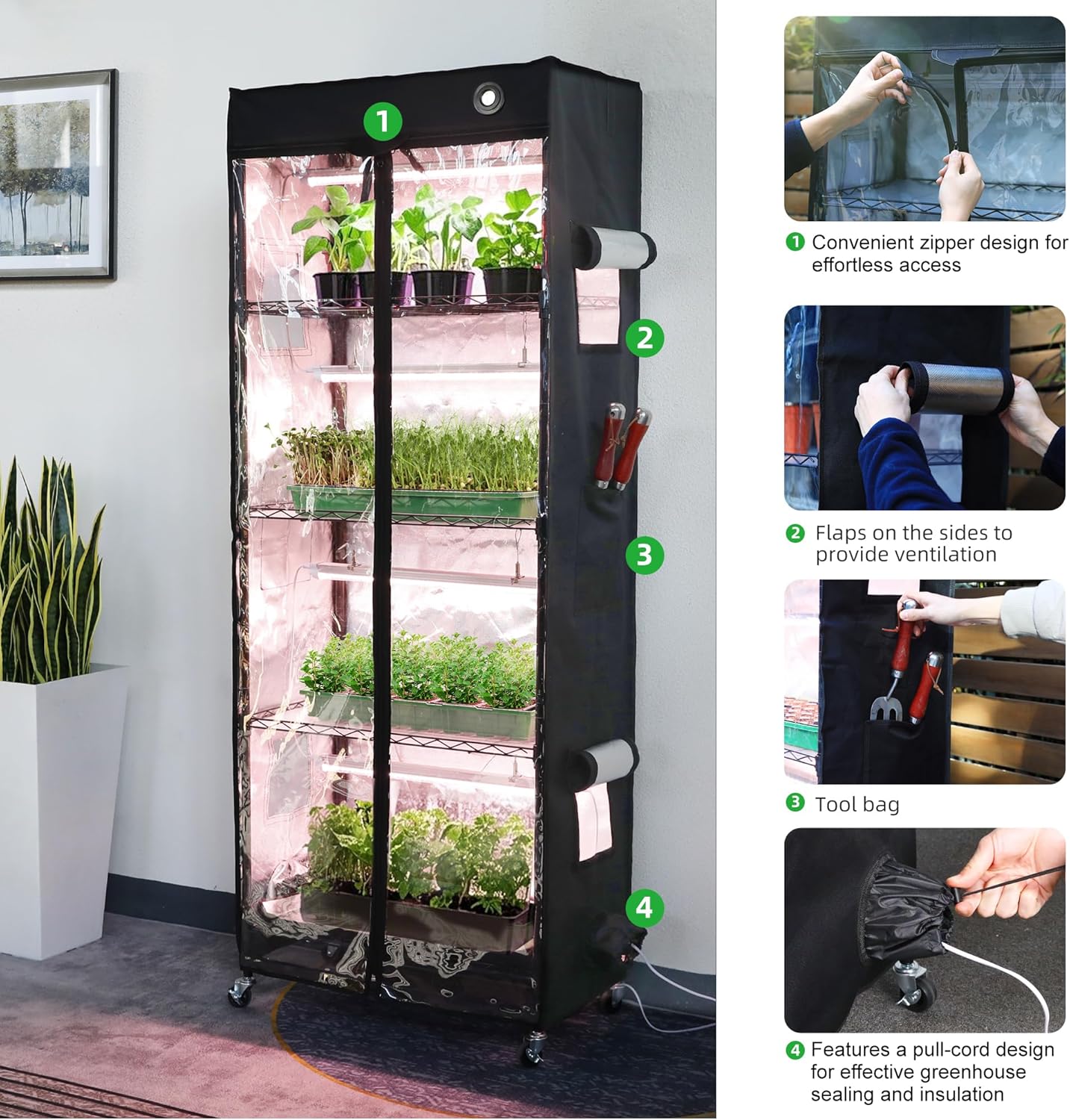 WORTH Mini Greenhouse with LED Grow Lights & Digital Thermo-Hygrometer – Portable Indoor Plant Grow Tent with Oxford Fabric Cover, Adjustable Shelves, Casters & Ventilation Flaps for Seed Starting