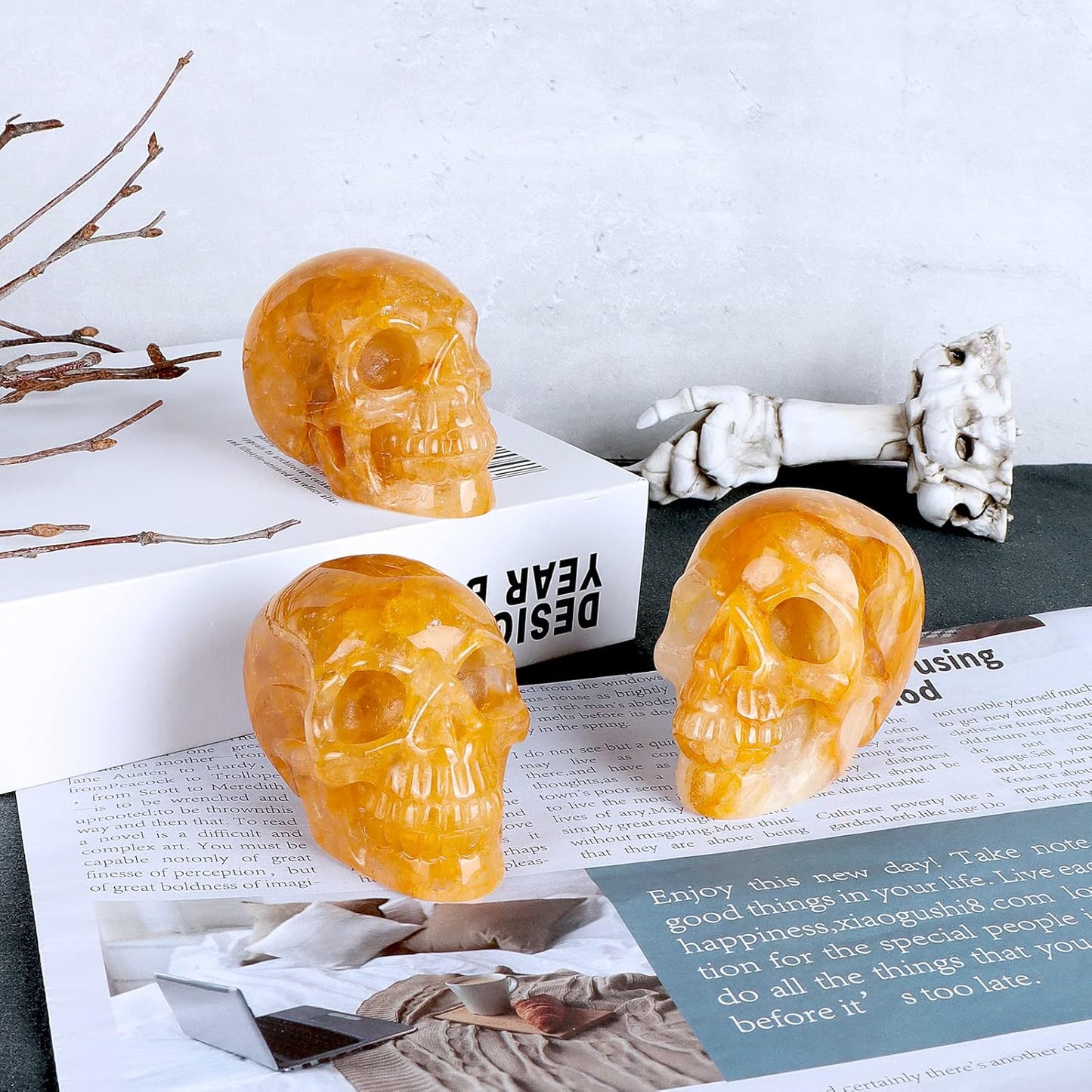 3.0" Citrine Crystal Skull Figurine Healing Stones Carved Sugar Skull Head Sculpture Decor Day of The Dead Statue Ornaments Decorations