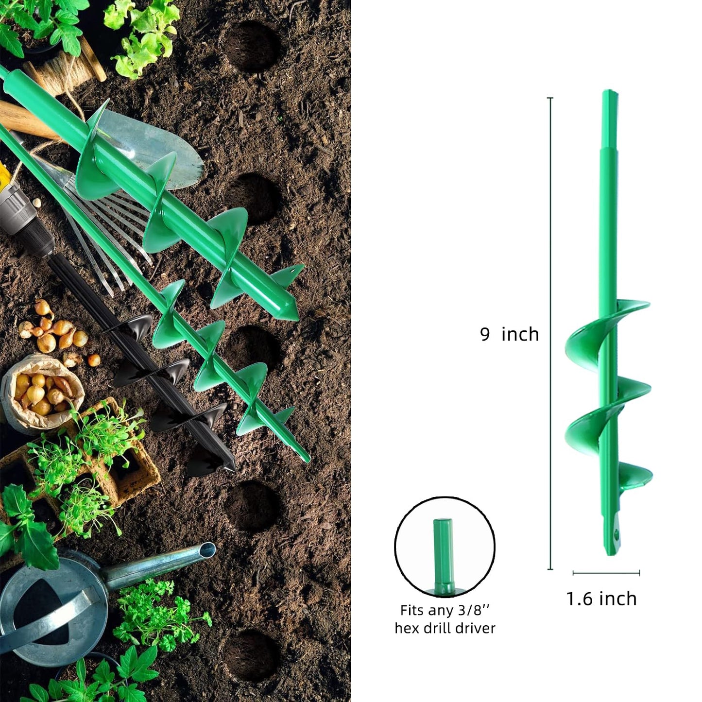 Garden Auger Drill Bit for Planting 1.6x9'',Soil Ground Earth Spiral Drill Bit for 3/8" Hex Drive Drill, Yard Auger Drill Bits for Bulbs Planting, Hole Digger Flowers,Bedding Digging Planter Tool