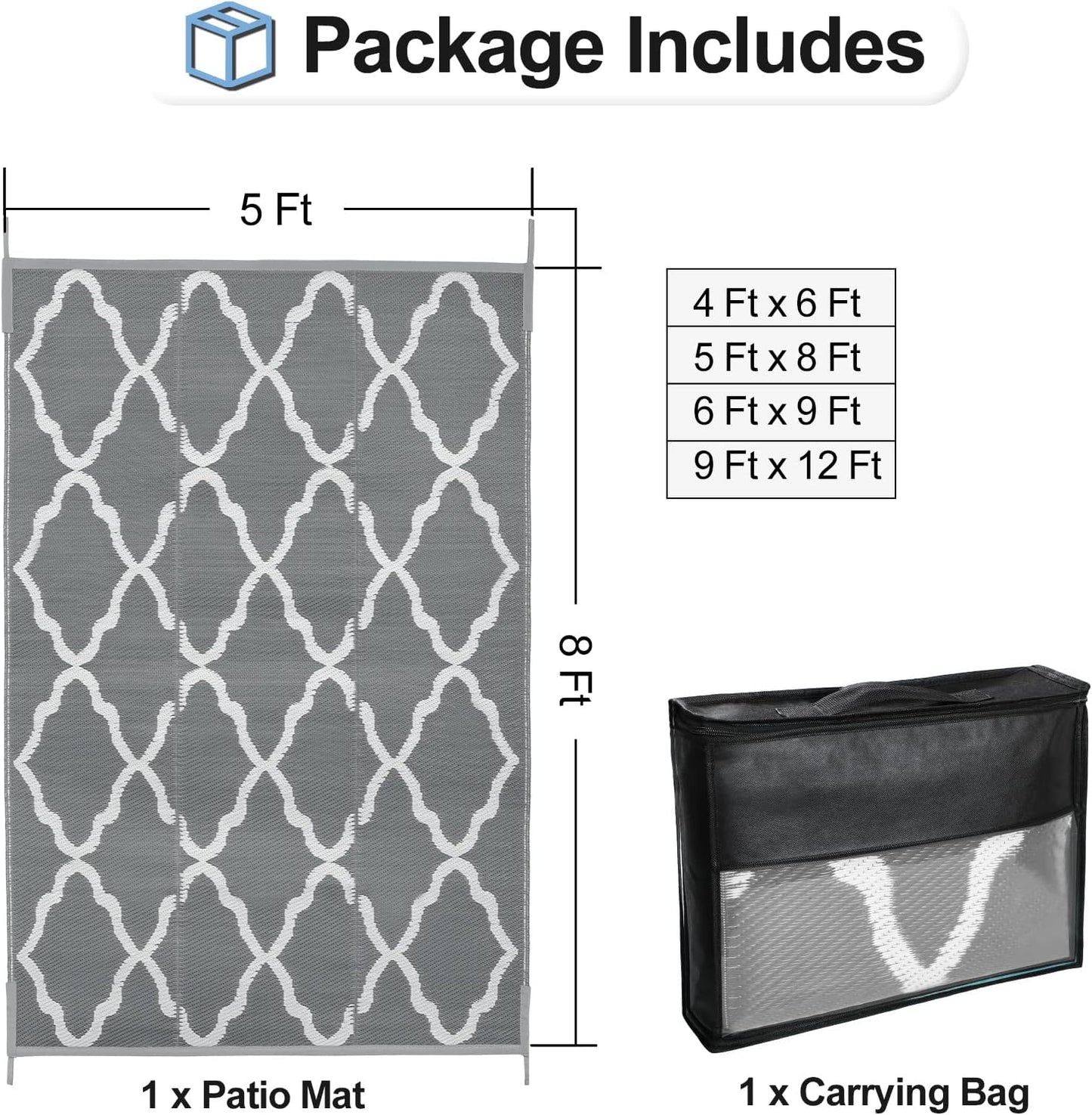 OutdoorLines Outdoor Plastic Area Rugs for Patio 5x8 ft - Reversible Outside Carpet, Stain & UV Resistant RV Mats, Straw Rug for Camping, Deck Garden, Porch and Balcony, Moroccan Grey & Light Grey
