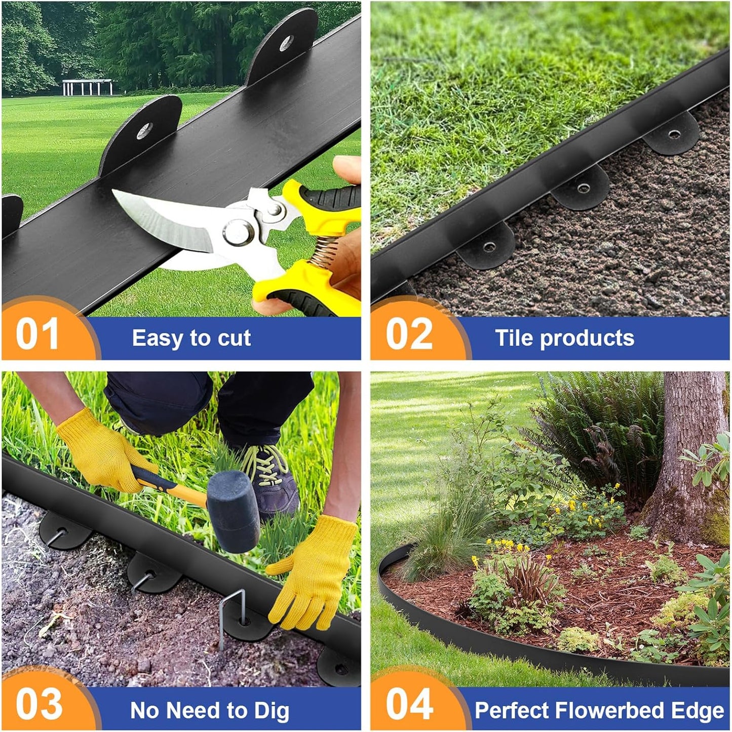 Landscape Edging, 1.5" x 20' Plastic Garden Edging with 20 Pcs Metal Spikes, Flexible Garden Border for Lawn, Landscaping, Flower Beds