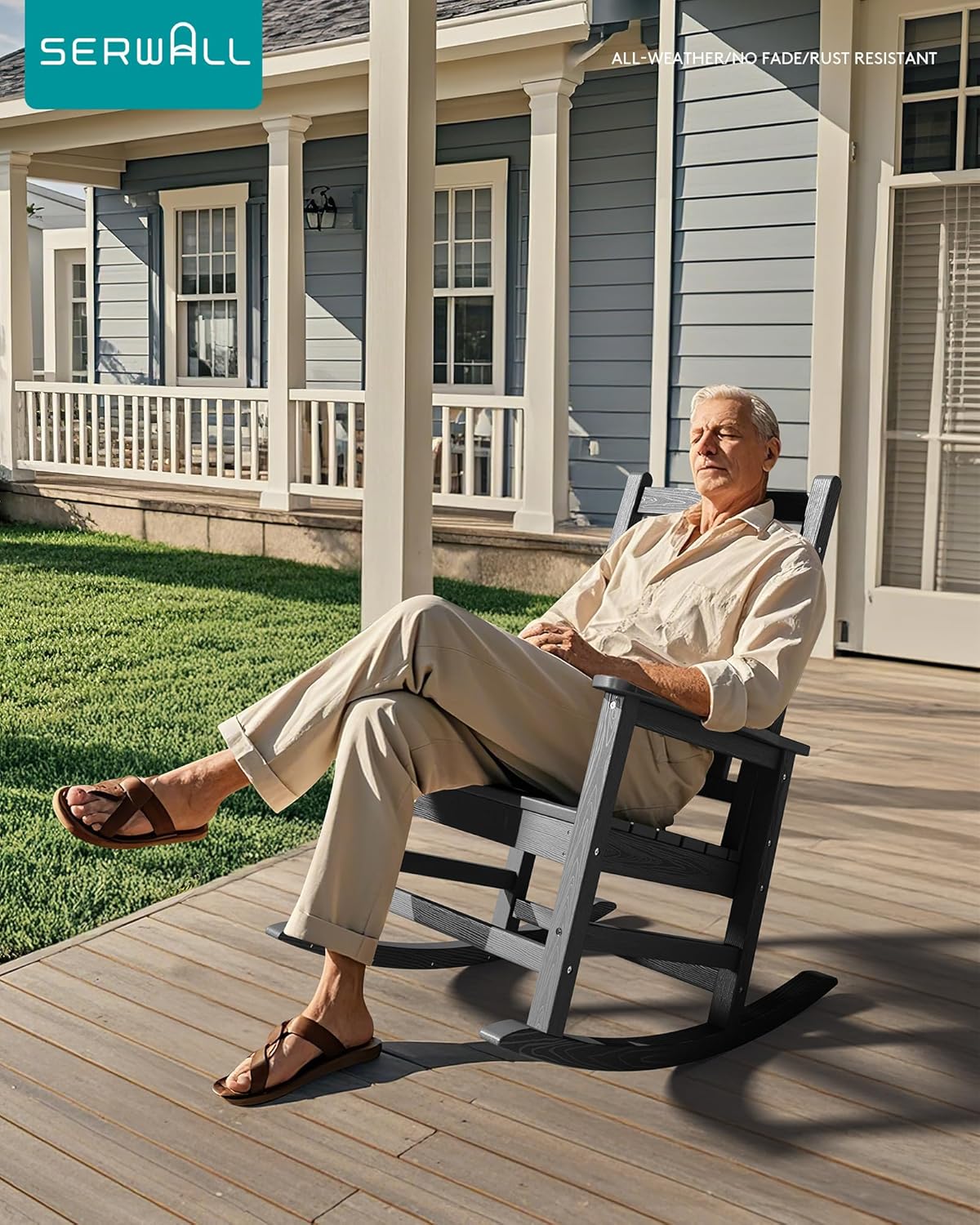 SERWALL HDPE Outdoor Rocking Chair Set of 6, Patio Rocking Chairs for Adults, All Weather Outdoor Rockers for Lawn, Grey