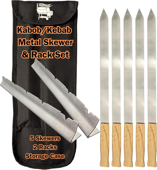 Stainless Steel Kebab Sword Grill Skewers, Holder Racks and Case Set - Great for Shish Kabob, BBQ, Kebobs, Churrasco, Picanha, Brazilian BBQ Sword Skewers, Roasting Sticks