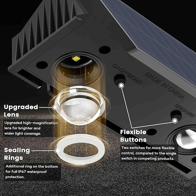 Fence Lights Solar Powered, 12-Pack Solar Fence Lights Up/Down Flexible Buttons, IP67 Waterproof for Outdoor, 120LM Bright, Auto Dusk to Dawn for Wall/Stairs/Yard/Railing/Deck/Pathway (Warm White)