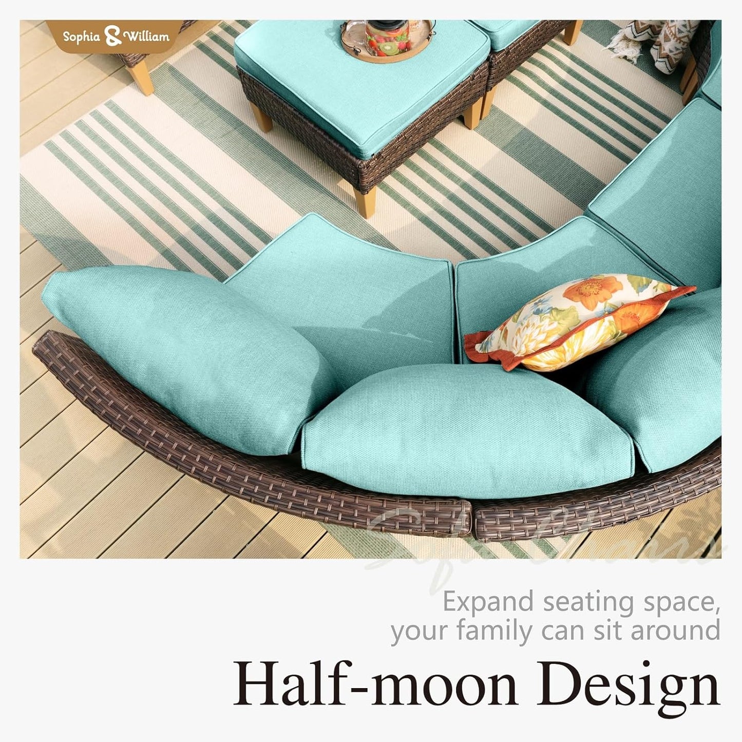 Sophia & William Outdoor Wicker Sectional Sofa Set, 8 Piece Half Moon Curved Patio Furniture Modern Outdoor Couch Conversation Set with Ottoman for Backyard, Pool, Garden(Aqua Blue)