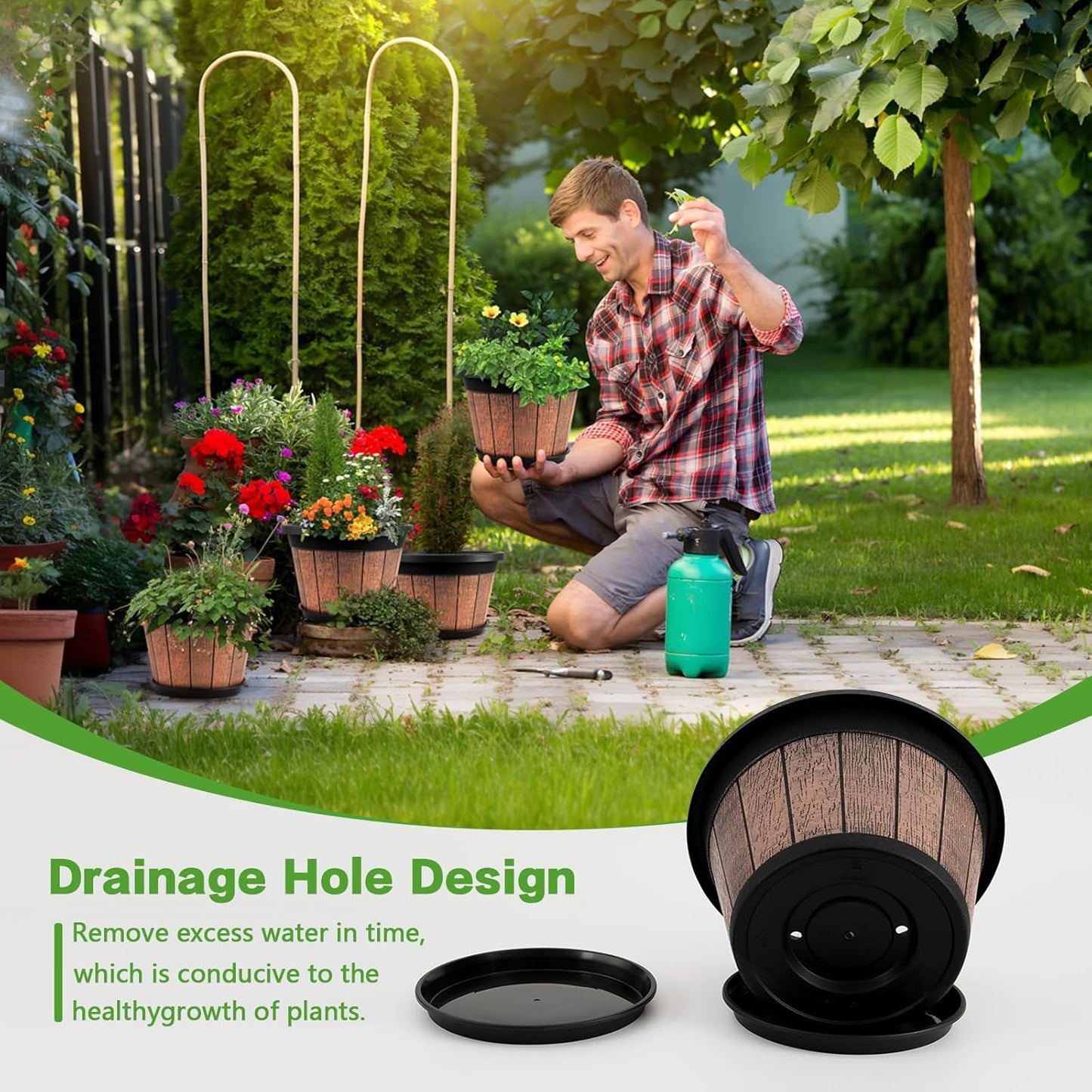 Quarut 4 Pack 8 inch Plant Pot,Upgrade Whiskey Barrel Planters with Drainage Holes & Saucer,Plastic Decoration Flower Pots Retro Design,Planters for Outdoor Indoor Garden Home Plants (Brown)