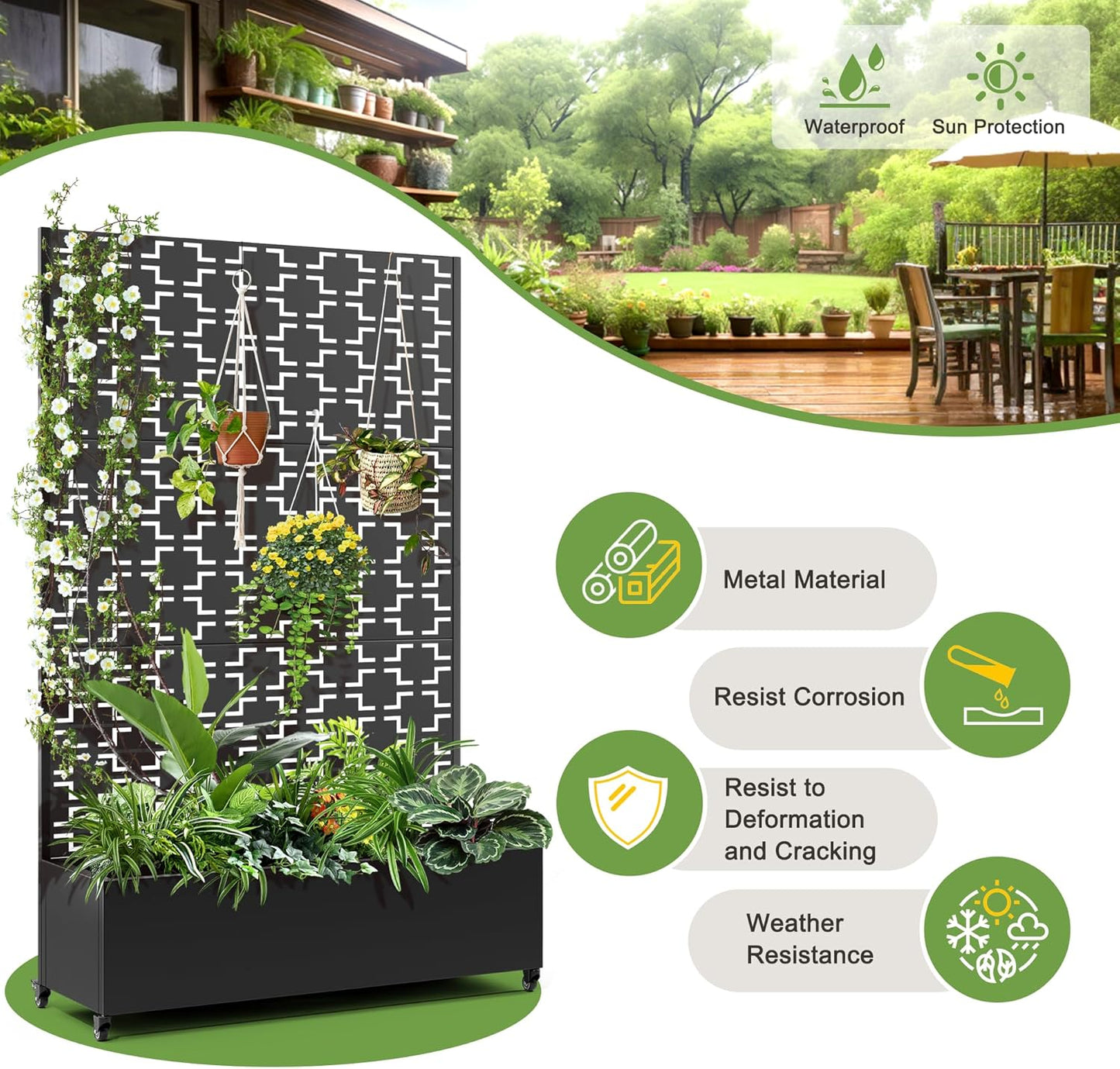 FENCY Metal Raised Garden Bed with Wheels and Trellis,73"x47"x16" Planter Box for Climbing Plants, Vegetables & Vines, Features Privacy Screen and Drainage Holes (Black-Square)