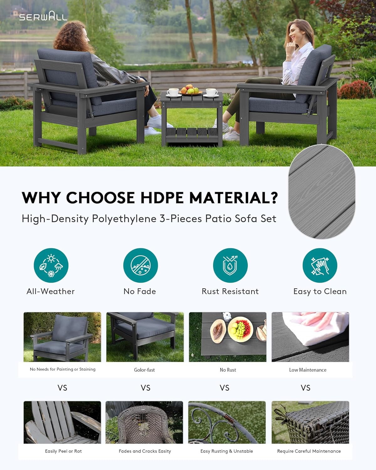 SERWALL Outdoor Patio Sofa Set, 2-Piece HDPE Single Seat Outdoor Sofa Chair with Padded Cushions, Gray Frame with Gray Cushion