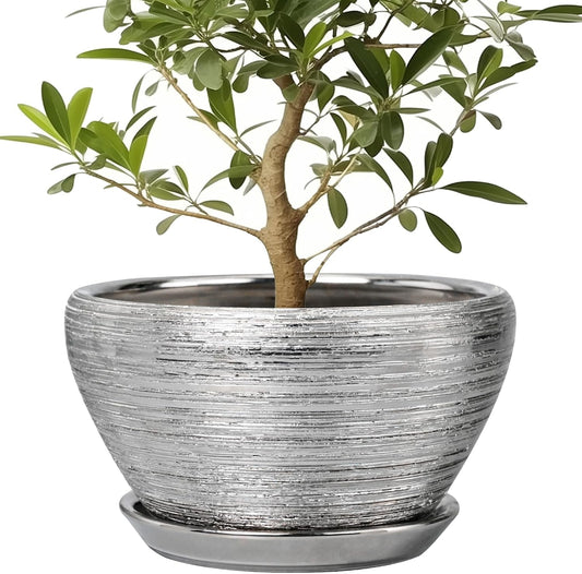 Flower Pot for Indoor Plants - Ceramic Planter 13 Inch Plant Pot with Drainage Hole and Saucer Large Decorative Planter Outdoor Mid-Century Planter for House Decor Silver