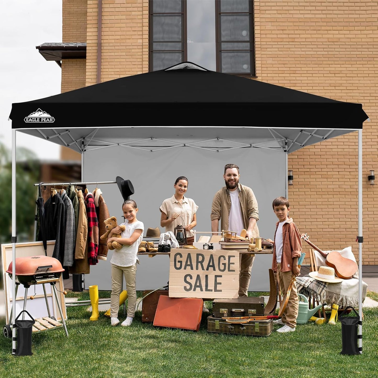 EAGLE PEAK Pop Up Canopy Tent with 1 Sidewall, Easy Setup Event Tent, Outdoor Sun Shade, Wheeled Carry Bag, Stakes and Guy Ropes, Instant Canopy 10x10, Black