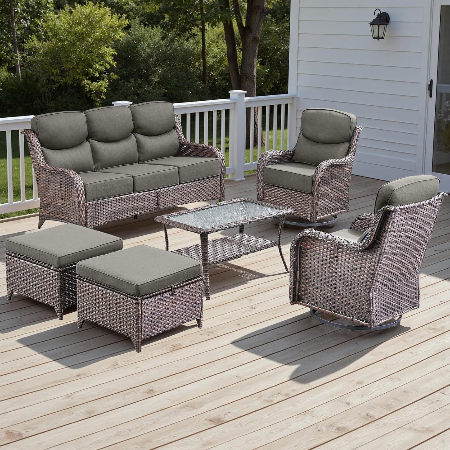 Wicker Outdoor Patio Furniture Set - 6 Piece Patio Conversation Sets with Swivel Rocker Chairs, Ottomans, Sofa and Table, 6 inch Cushions, Deep Seating, for Porch Deck Brown/Grey