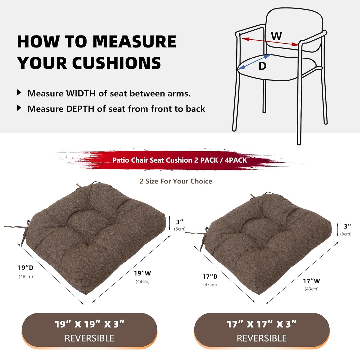 RACE LEAF Patio Chair Cushions 19x19 4 Pack, Thickened Heavy Duty Outdoor Cushions Stain & Water Resistant Non-Slip Ties Tufted (Brown)