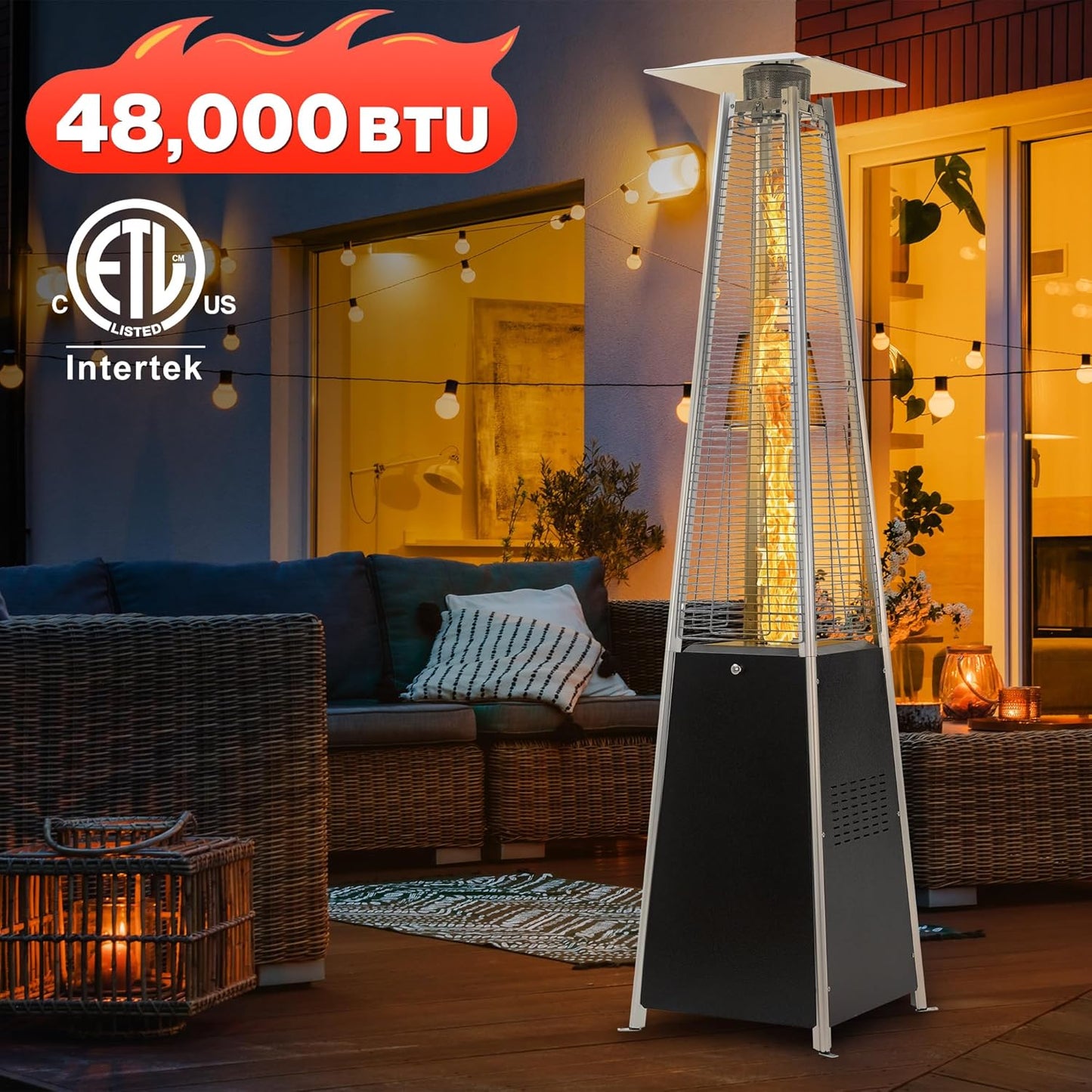 FOOWIN Patio Heater,48,000 BTU Outdoor Patio Heater with Wheels,Propane Patio Heater w/Waterproof Cover & Gloves,Quartz Glass Tube Pyramid Patio Heater for Outdoor Use,Party,Backyard,Garden,Black