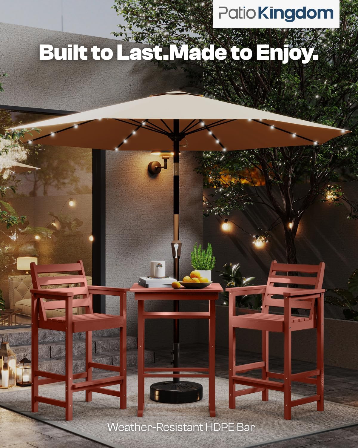 Outdoor Bar Set, 3-Piece HDPE Balcony Set with 2 Tall Adirondack Chairs and Bar Table, All-Weather Bar Height Stools for Patio, Backyard, Poolside (Terracotta)