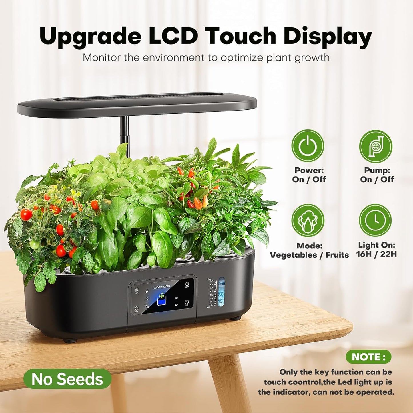 Ahopegarden Hydroponics Growing System Kit Indoor Herb Garden with Grow Light 12 Pods, with LCD Touch Panel Hydroponic Planter, Planting Height Up to 17", Grower Harvest Fresh Veggie Lettuce, Black