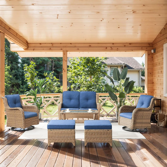 Wicker Outdoor Furniture Patio Furniture Set - 6 Piece Patio Conversation Set with Swivel Rocker Chairs, Loveseat Sofa, Ottomans and Coffee Table, Blue Cushion
