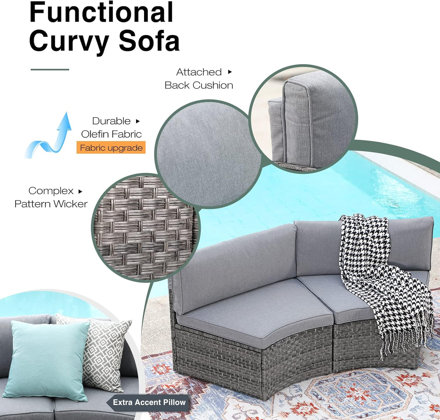 SUNSITT Outdoor Patio Furniture 11-Piece Half-Moon Sectional Round Set Curved Sofa with Tempered Glass Coffee Table, 4 Pillows, Grey Rattan