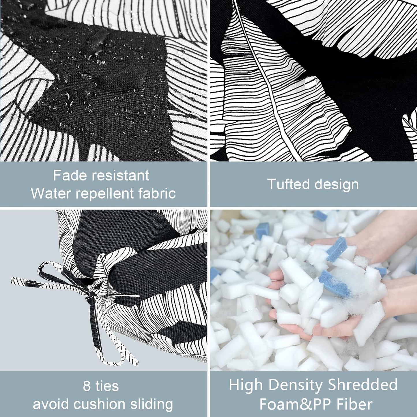 LVTXIII Outdoor Seat/Back Chair Cushion Patio Tufted High Back Cushion, Seasonal Replacement Rocking Chair Cushion with Ties (44” L x 22W”, Set of 2, Black Lush Leaf)