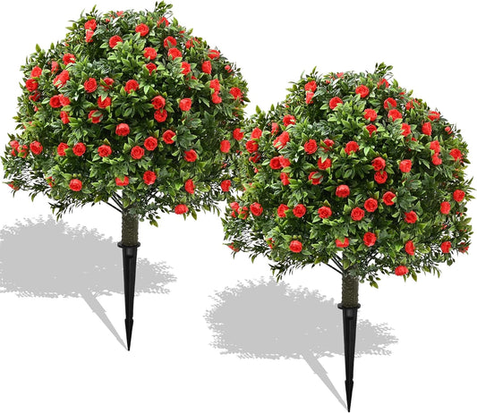 28" Artificial Boxwood Topiary Tree with Rose, Set of 2 Artificial Shrub Bushes with Ground Spike, Fake Evergreen Tree for Porch, Artificial Plants for Outdoor Planters Indoor UV Resistant