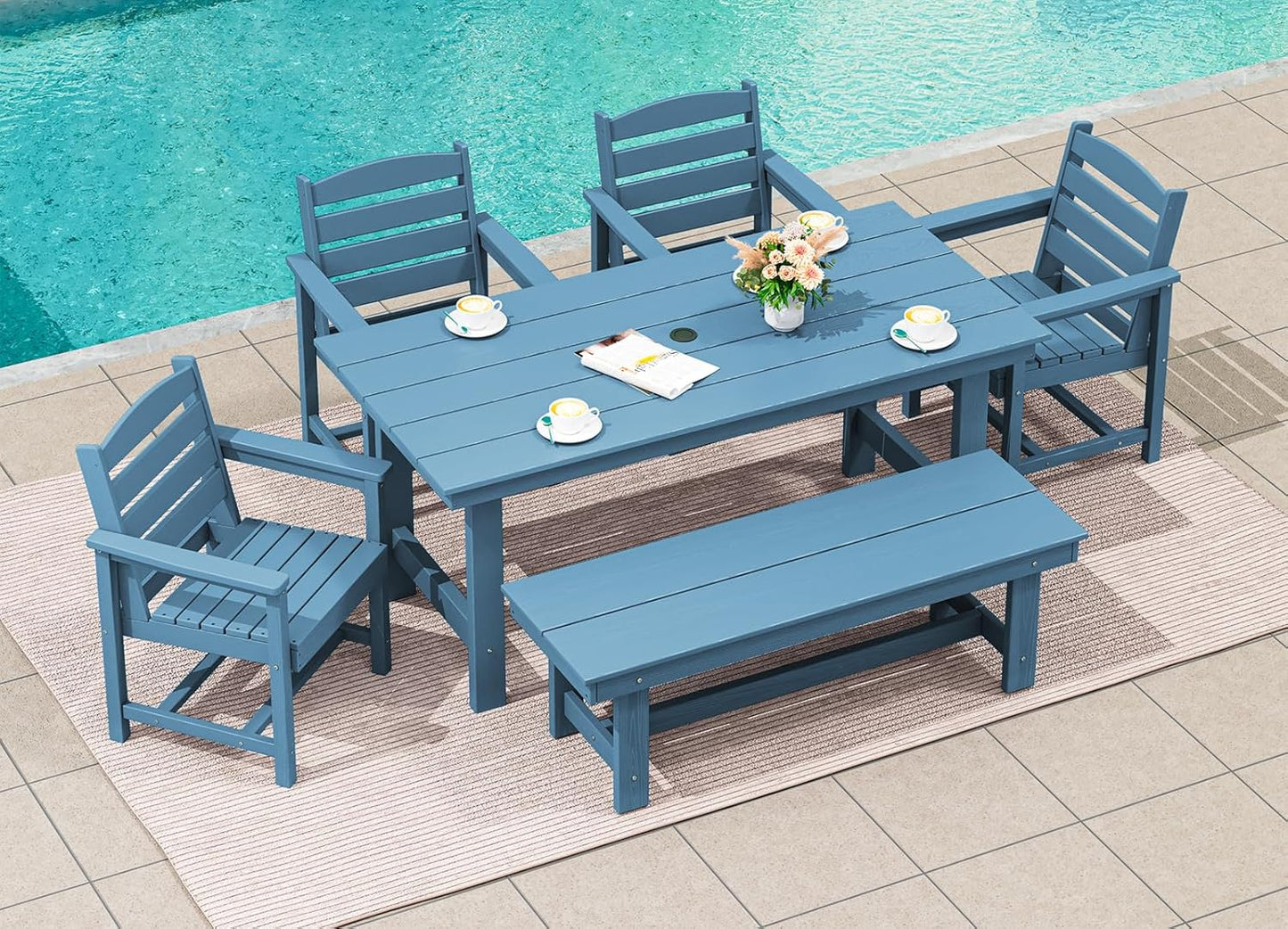 SERWALL Patio Dining Table and Bench Set for 6, Blue