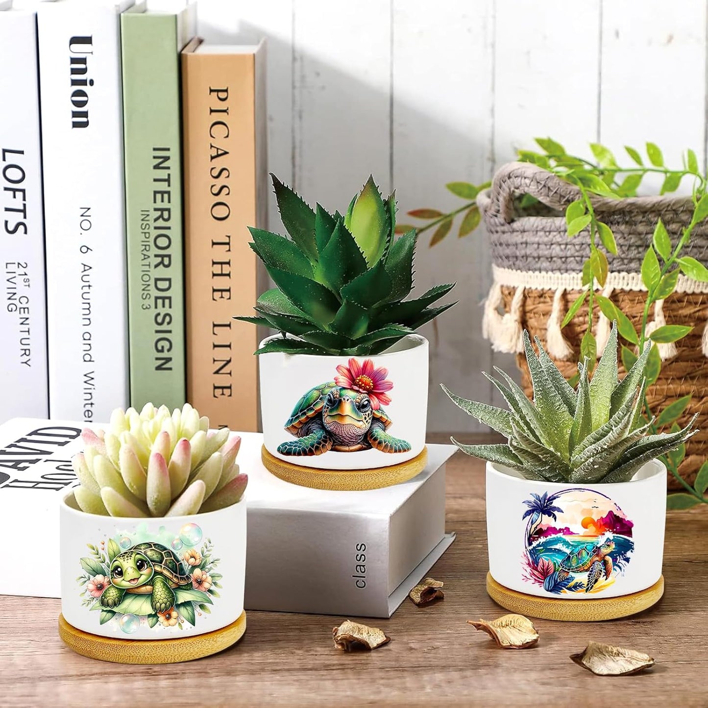 Turtle Succulent Pots 3 Pack, 3 Inch Succulent Planters with Drainage and Bamboo Tray, Turtle Gifts for Women, Ceramic Small Pots for Baby Plants, Cactus, Herbs- Plants Not Included