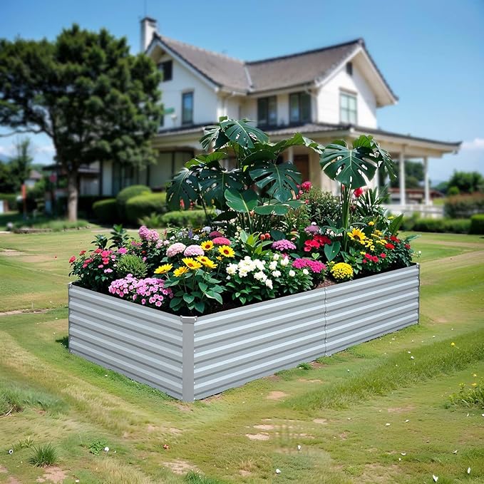 Raised Garden Bed 6x3x1.5FT - Galvanized Steel Planter for Outdoor Vegetables, Flowers, and Herbs - Tall Deep Root Box Kit with Gloves and 2 Compost Bags - Stylish Gray Design