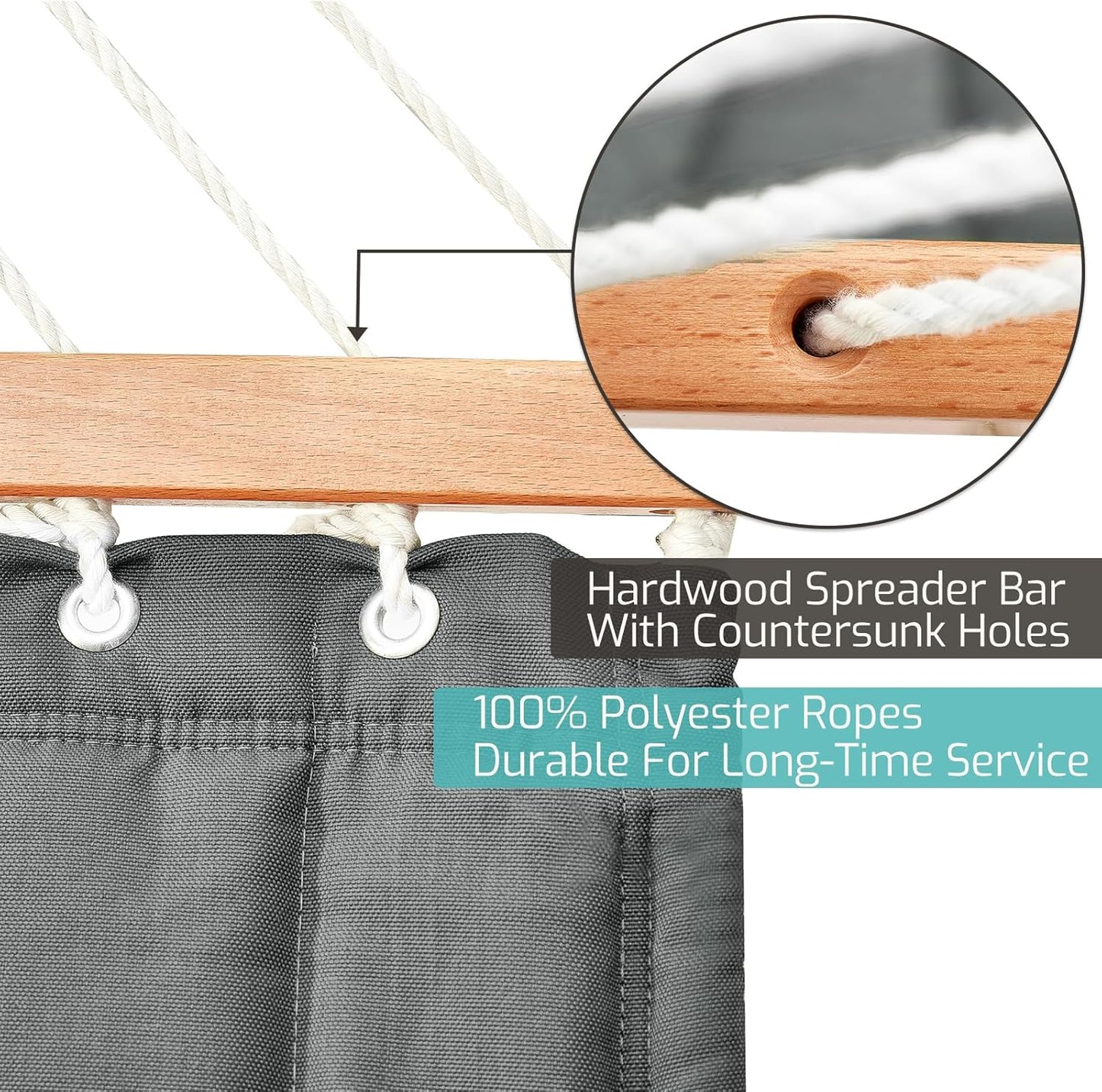 Double Quilted Fabric Hammock with Hardwood Spreader Bars and Pillow 450 LBS Capacity 2 Person Large Hammock for Outdoor Patio Backyard Poolside - Dark Grey