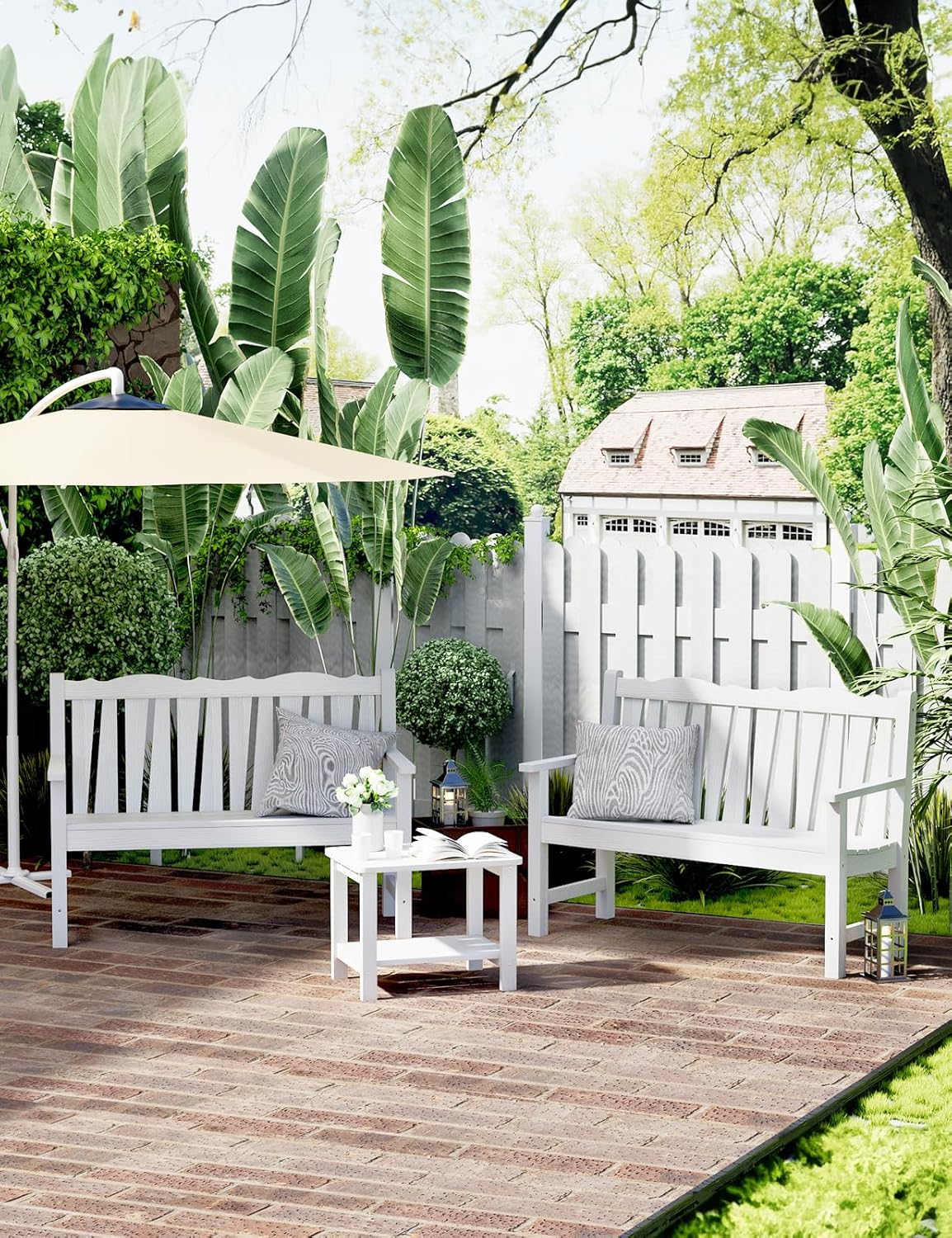 Outdoor Bench Set of 2, Weatherproof Garden Benches for Outdoors, All Weather HIPS Patio Bench Holds up to 800lbs, Never Rot or Fade, Comfort Bench for Porch Garden Patio Yard and Park(White)