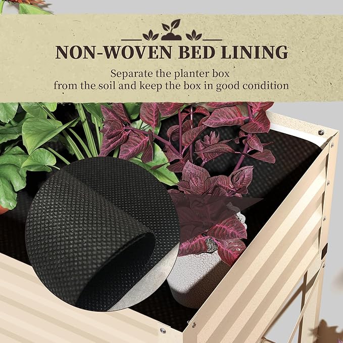 Outsunny Raised Garden Bed with Galvanized Steel Frame, Storage Shelf and Bed Liner, Elevated Planter Box with Legs for Vegetables, Flowers, Herbs, Cream