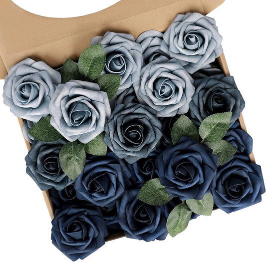 N&T NIETING Fake Roses,25pcs Artificial Flowers Dusty Blue Fake Roses Faux Flowers Fake Flowers for DIY Wedding Bouquets Centerpieces Floral Arrangements Home Decorations Shades of Navy Blue