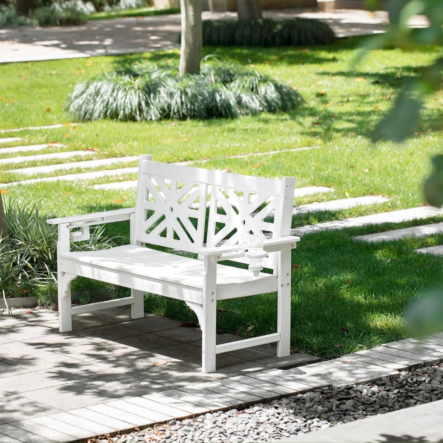 nalone Outdoor Bench with Cup Holders, HDPE All Weather Porch Bench Load up to 800 Lbs, 2-Person Garden Benches Rot-Proof Fade Proof for Patio, Porch, and Park (White)