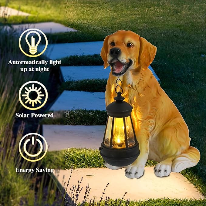 Afirst Solar Dog Statue Garden Decor, Outdoor Statue Decor with Solar Lantern Lovely Golden Retriever Figurine Patio Lawn Yard Art Ornaments Housewarming Gift