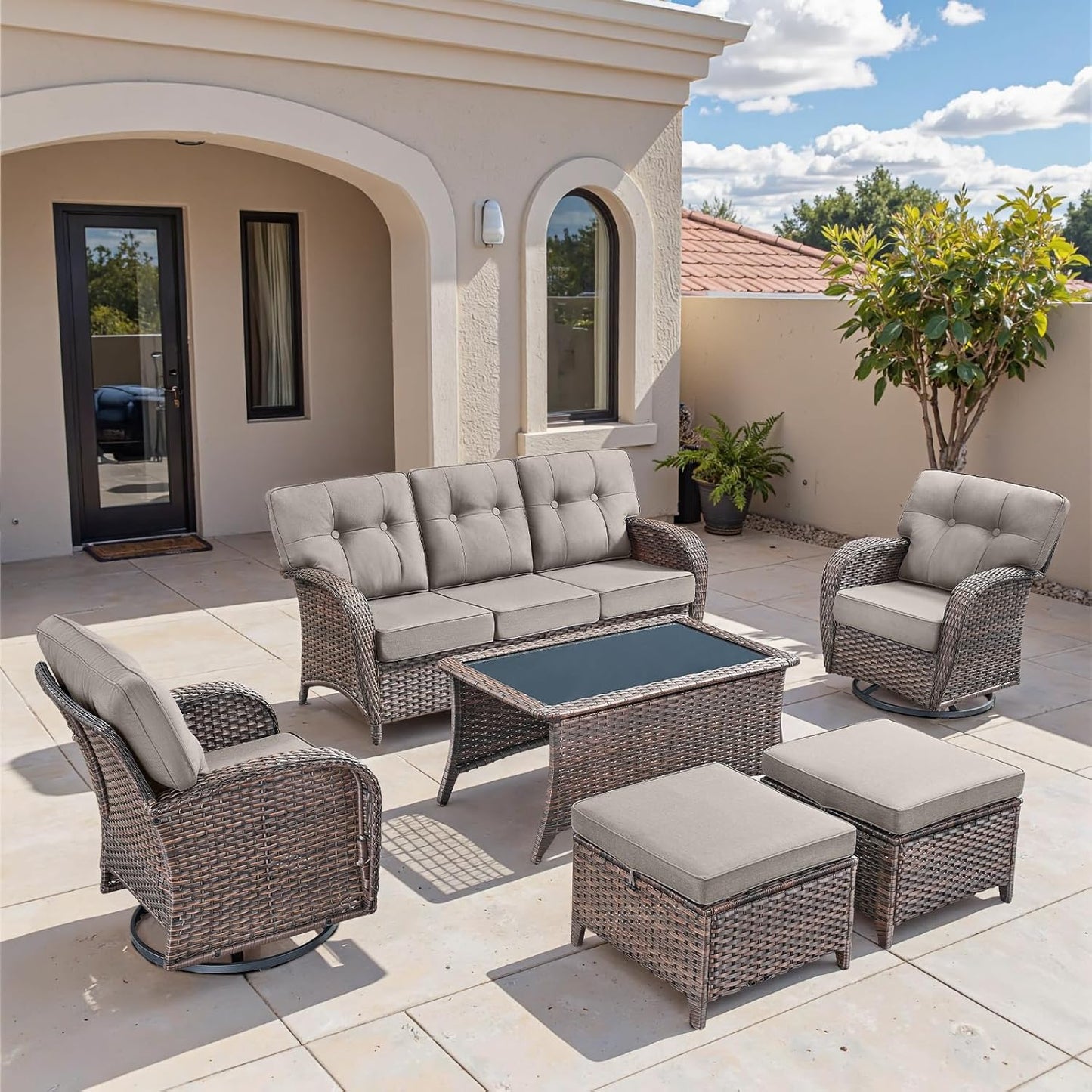 6-Piece Rotating Balcony Chair Set with 31-inch T-Shaped Wide backrest - Rattan Outdoor Rotating Balcony Chairs, Wide backrest Comfortable Outdoor Sliding Chair - Brown | Grey