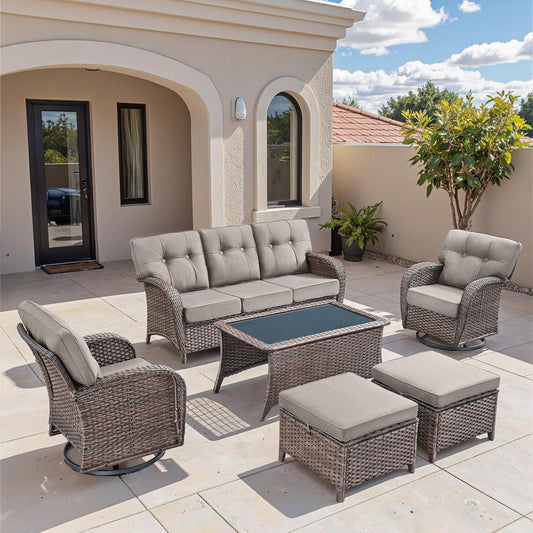 6-Piece Rotating Balcony Chair Set with 31-inch T-Shaped Wide backrest - Rattan Outdoor Rotating Balcony Chairs, Wide backrest Comfortable Outdoor Sliding Chair - Brown | Grey