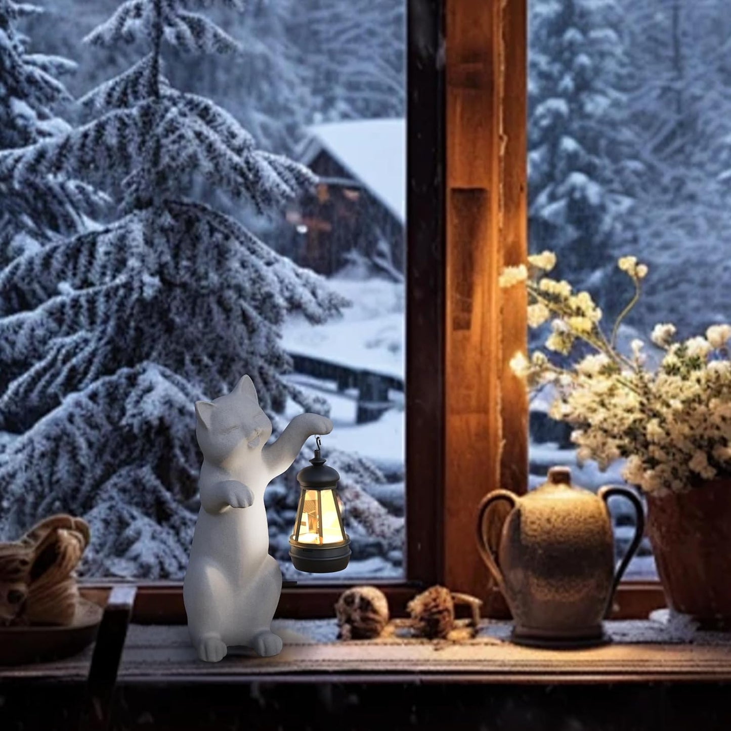 Garden Decoration, Figurine, Lawn Statue, Sculpture Ornament, Animal Figurine - Cat Resin Statue with Lantern (Hand)