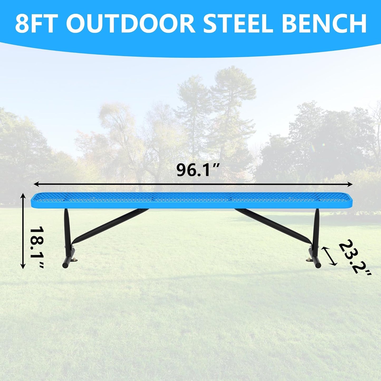 96" L Outdoor Metal Benches, Heavy Duty Garden Park Bench for Outside, Expanded Metal, Commercial Benches Mesh Bench for Shopping Mall, Store, Lawn, Park, Patio, Deck, Garden (Blue, 8FT)