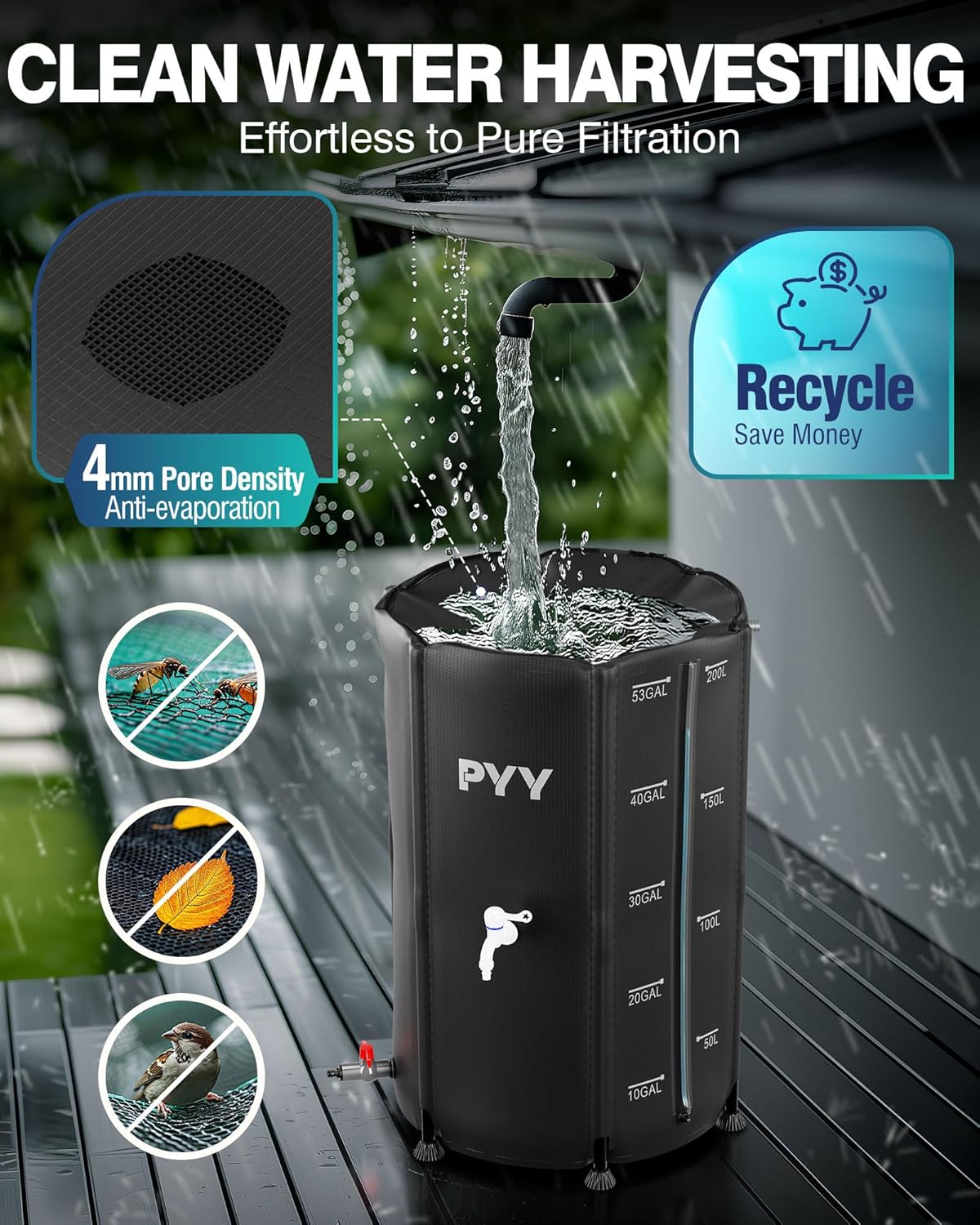 PYY Rain Water Collection Barrel - 53 Gallon Black Water Storage Tank with Spigot, Hose and Portable Bucket, Large Plastic Collapsible Rain Catcher Catchment System to Collect Rainwater from Gutter