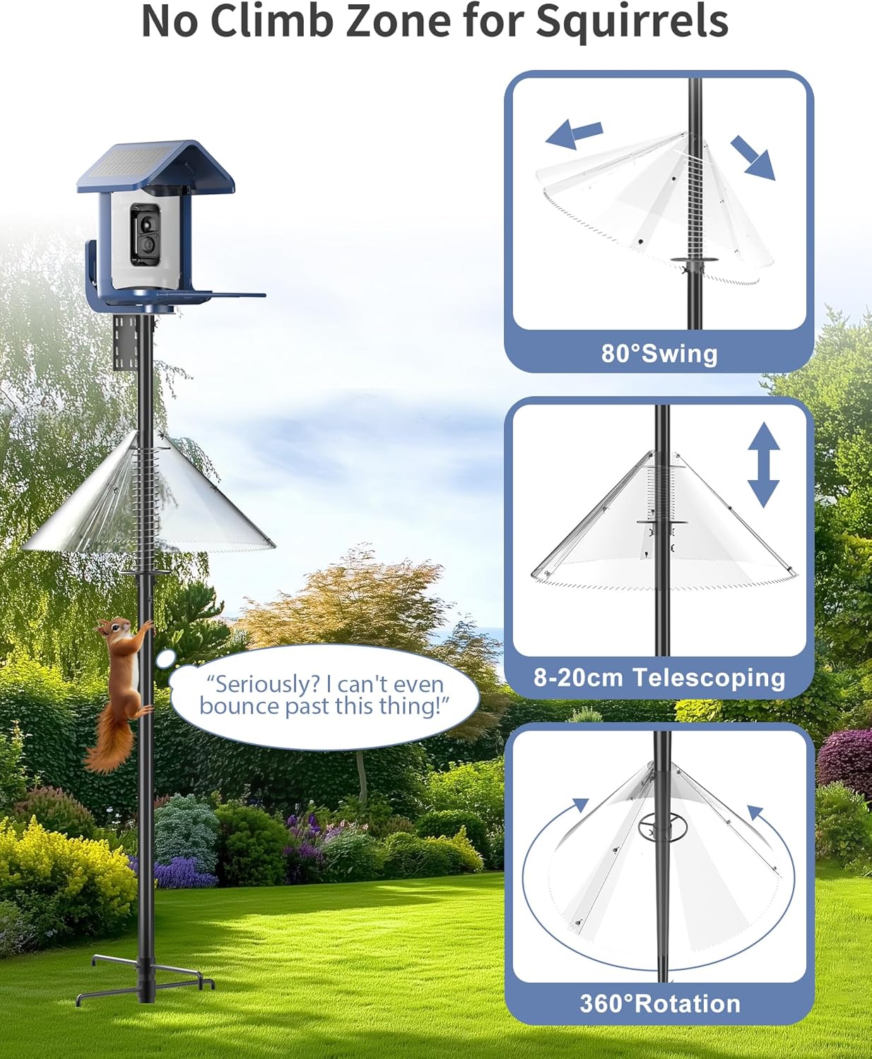 Bird Feeder Pole with Squirrel Baffle - 90 Inch Bird House Pole for Outdoors Heavy Duty, Squirrel Proof Baffle with Stainless Steel Spring for Better Defense, Slip-Fit Connection
