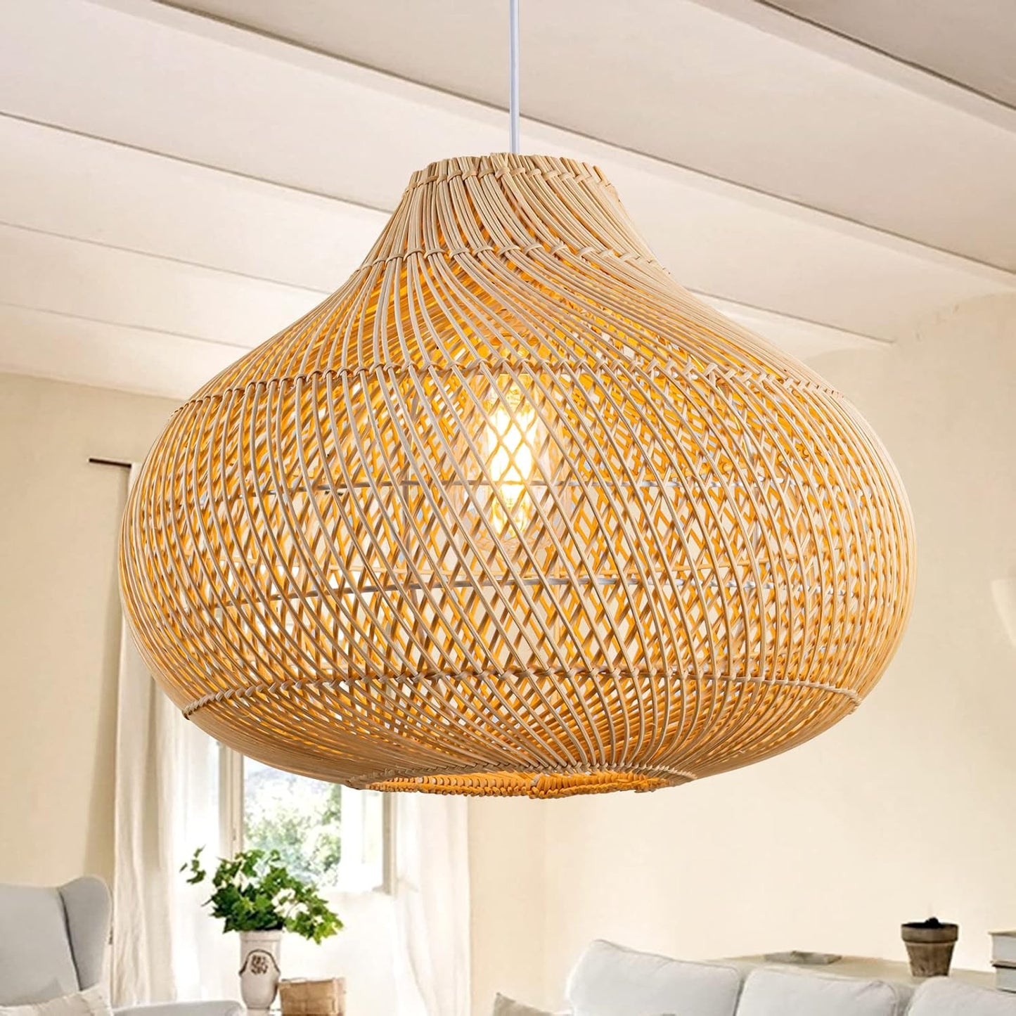 Rattan Pendant Lights, Large Wicker Chandelier Hand-Woven Boho Pendant Light Rattan Basket Hanging Light for Dining Room Kitchen Island Living Room