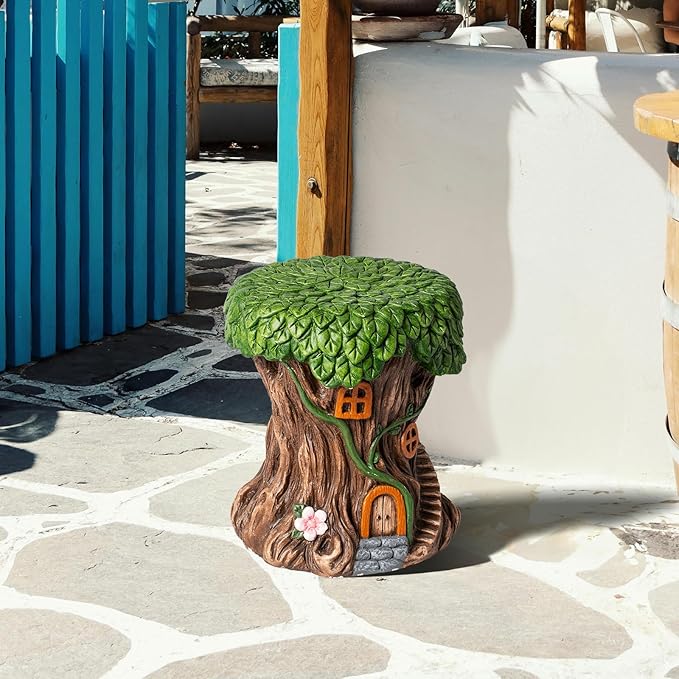 13''H Fairy House Statue Outdoor Statues Garden Resin Stool Over-Sized Sculpture Forest Pedestal Spring Decor for Home Courtyard Lawn Patio Summer Ornament Indoor Stool