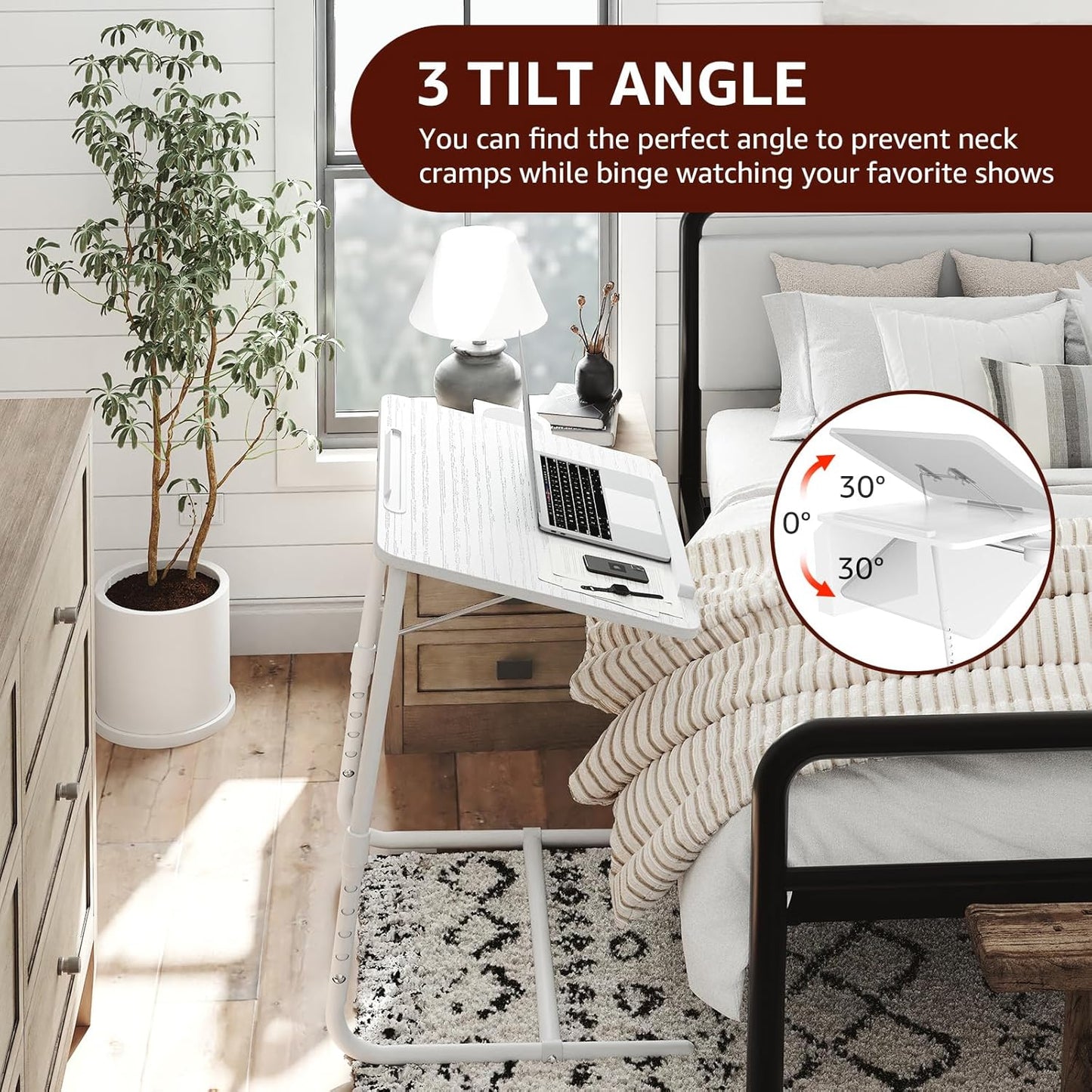 Adjustable TV Tray Folding Dinner - White Trays for Eating On Couch Wooden Tables Mate Stand Foldable Desk with Cup Holder Portable