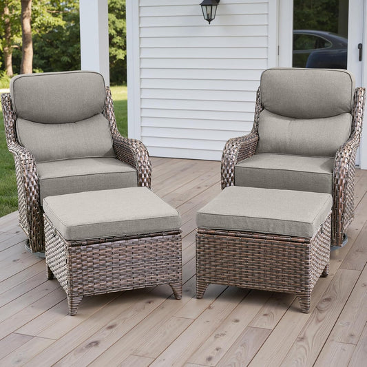 Wicker Outdoor Patio Furniture Set - 4 Piece Patio Conversation Set with Swivel Rocker Chairs and Ottomans, 6 inch Cushions, High Back, Deep Seating, for Porch Deck Garden Brown/Beige