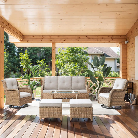 Wicker Outdoor Furniture Patio Furniture Set - 6 Piece Patio Conversation Set with Swivel Rocker Chairs, Rattan Sofa, Ottomans and Coffee Table, Beige Cushion